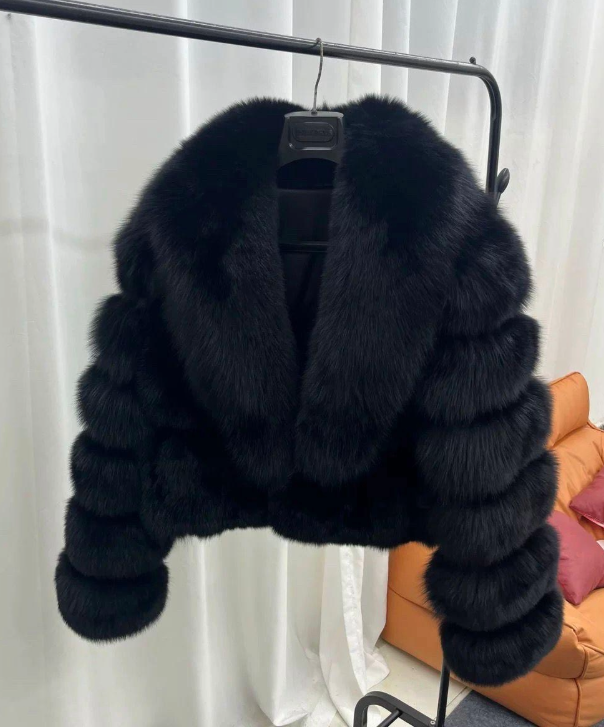 Women's Shawl Collar Black Fox Fur Jacket