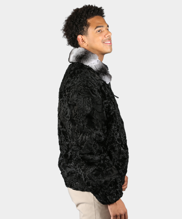 Men's Pre-Owned Black Persian Lamb Fur Jacket With Chinchilla Collar