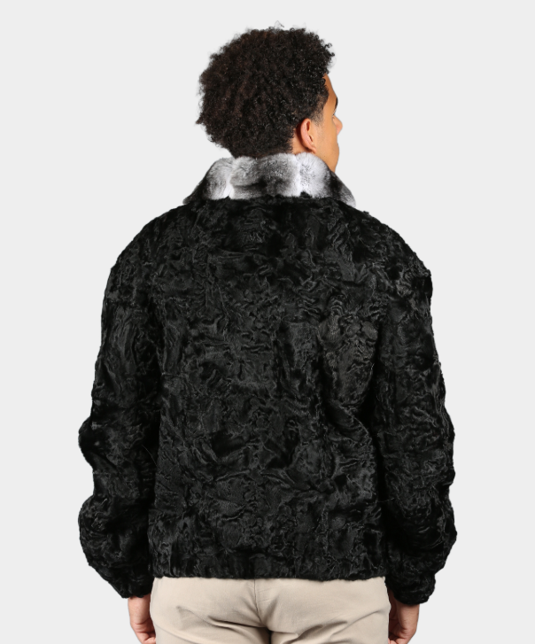 Men's Pre-Owned Black Persian Lamb Fur Jacket With Chinchilla Collar