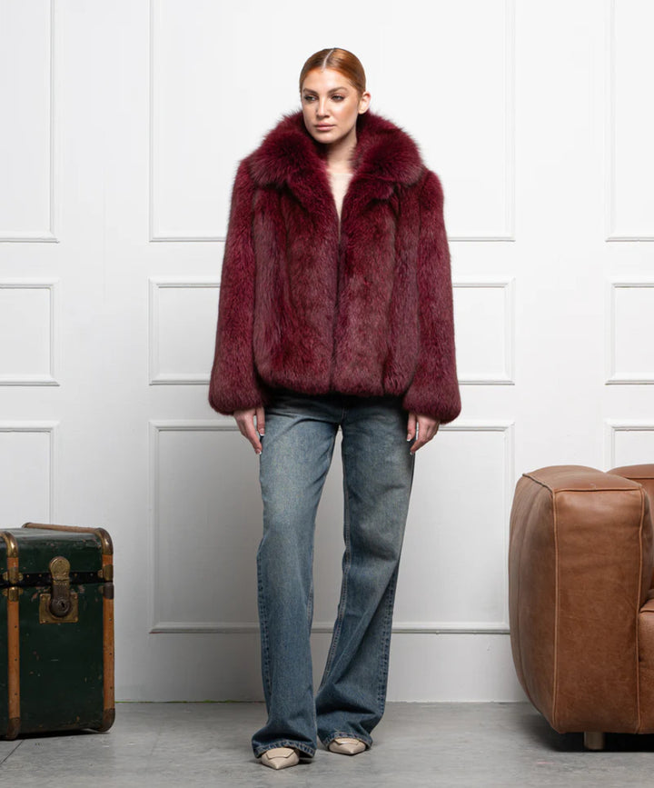 Women’s Burgundy Fox Fur Bomber Jacket