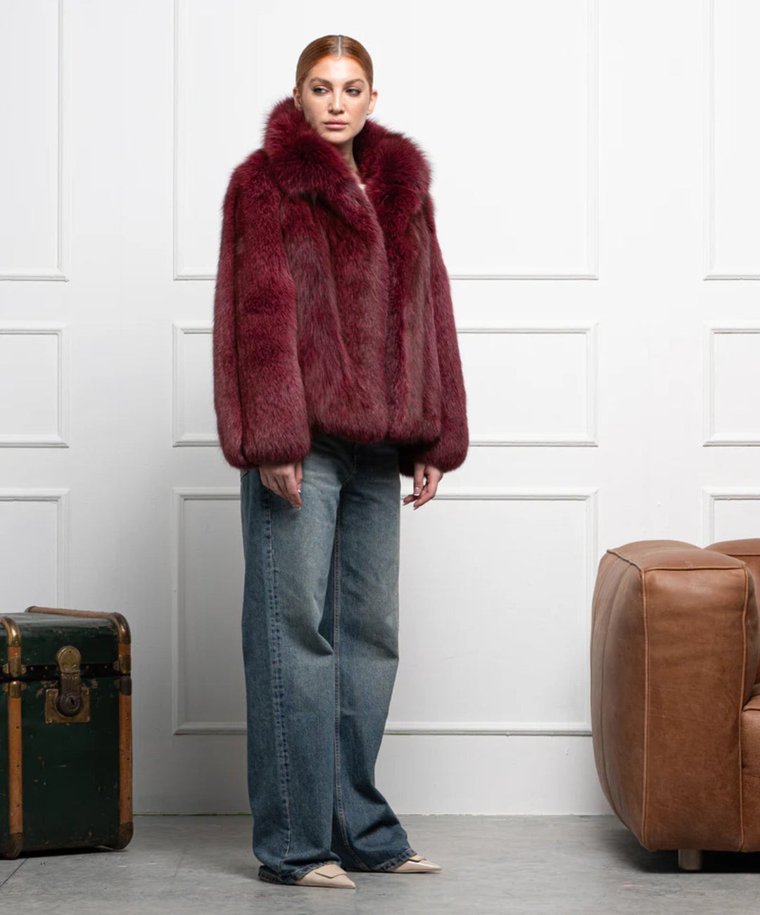 Women’s Burgundy Fox Fur Bomber Jacket