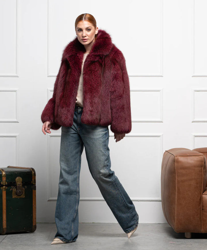 Women’s Burgundy Fox Fur Bomber Jacket