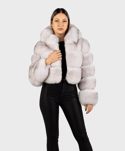 Damen Bolerojacke mit Kapuze und Fuchsmuster in Blau