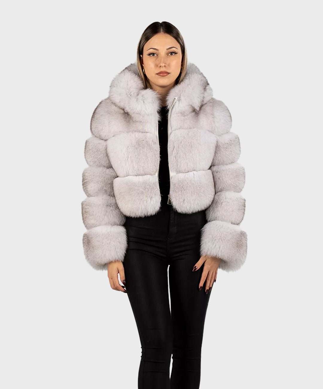 Damen Bolerojacke mit Kapuze und Fuchsmuster in Blau