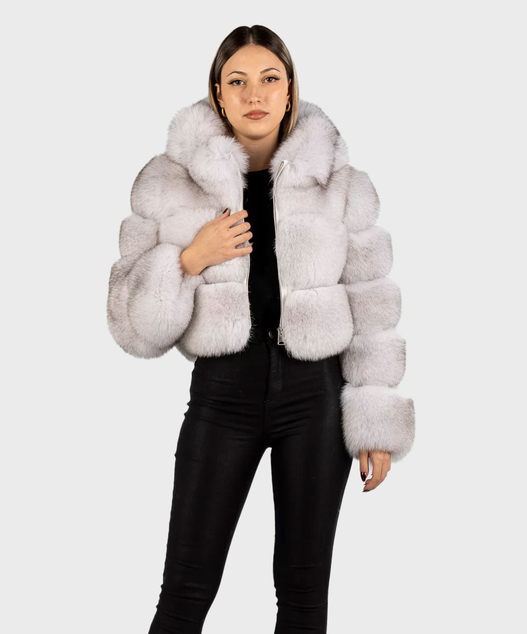 Damen Bolerojacke mit Kapuze und Fuchsmuster in Blau