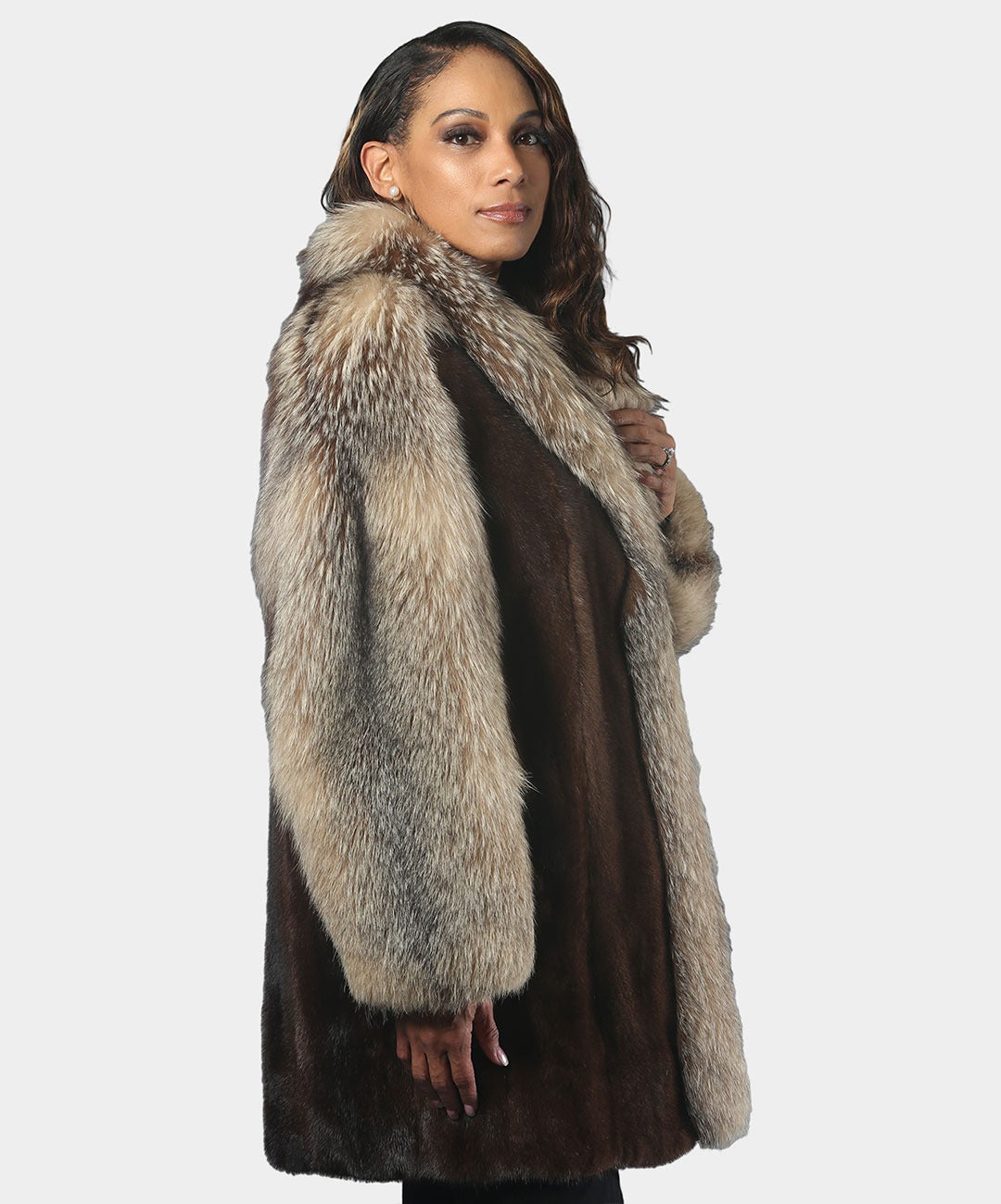 Women's Natural Mahogany Mink Stroller with Cruptal Fox Tuxedo Sleeves