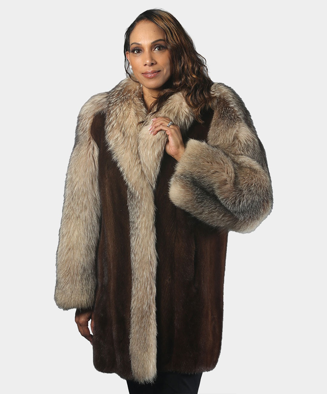 Women's Natural Mahogany Mink Stroller with Cruptal Fox Tuxedo Sleeves