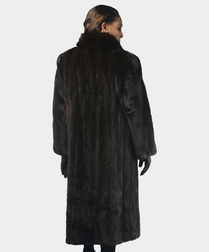 Women's Natural Mahogany Mink Fur Coat with Fox Tuxedo Front
