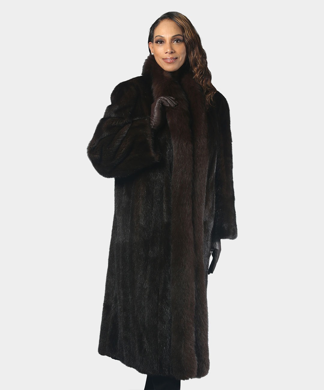 Women's Natural Mahogany Mink Fur Coat with Fox Tuxedo Front