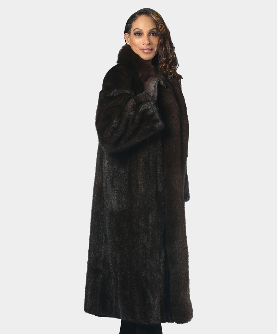 Women's Natural Mahogany Mink Fur Coat with Fox Tuxedo Front