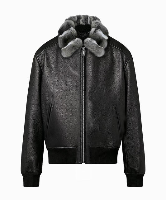 Caviar Leather Jacket with Chinchilla Fur Collar