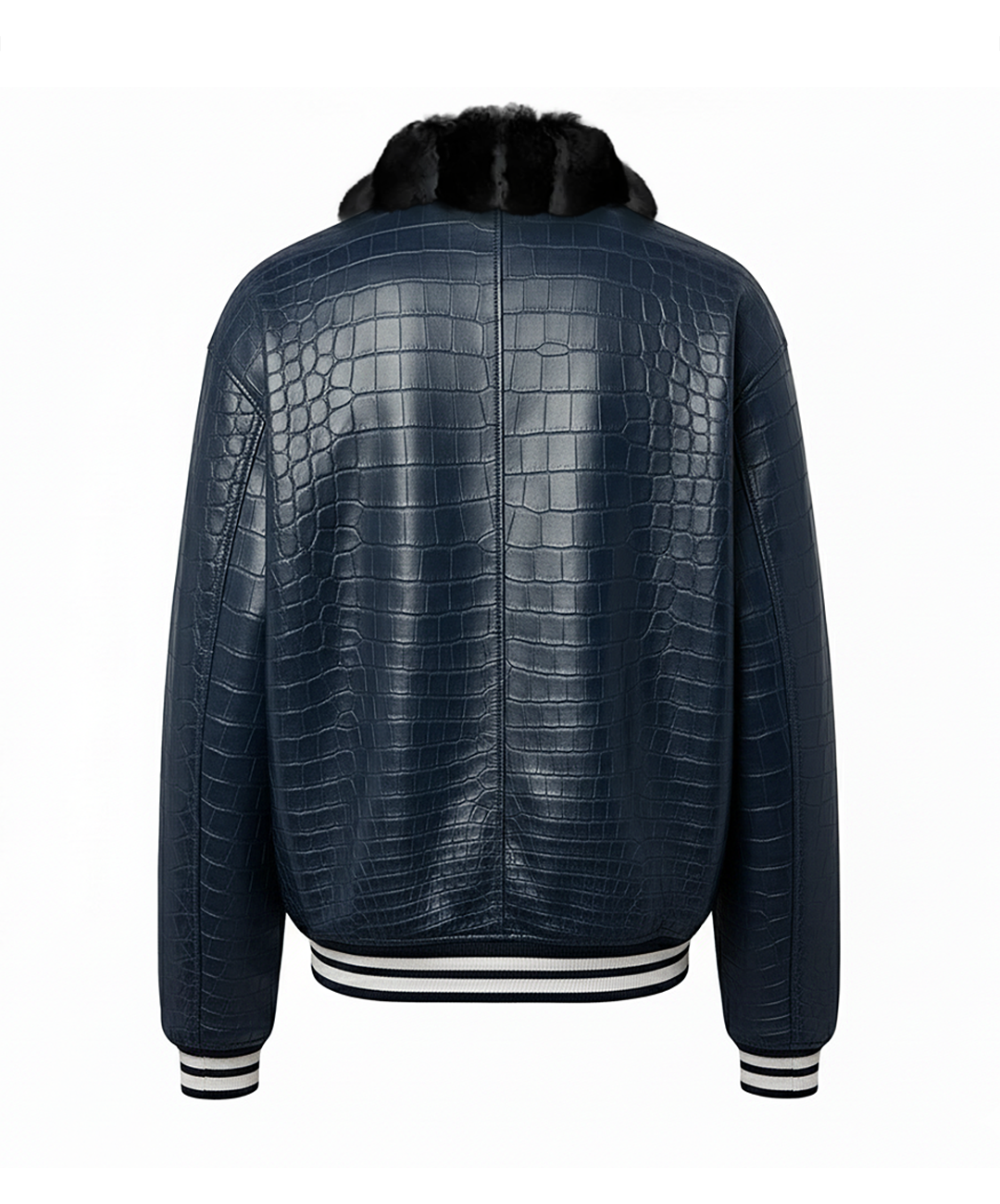 Navy Croc-Embossed Leather Varsity Jacket with Chinchilla Fur Collar