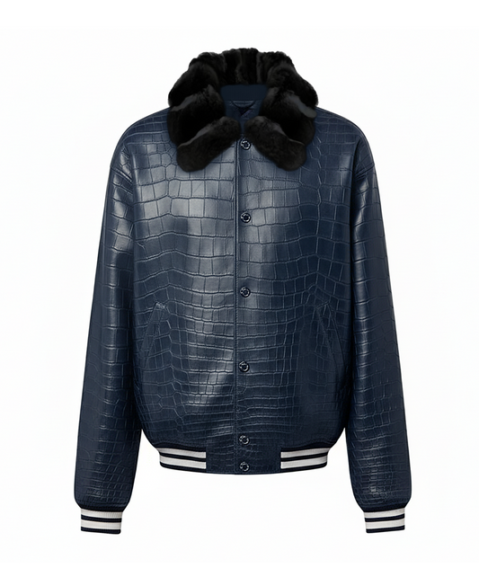 Navy Croc-Embossed Leather Varsity Jacket with Chinchilla Fur Collar