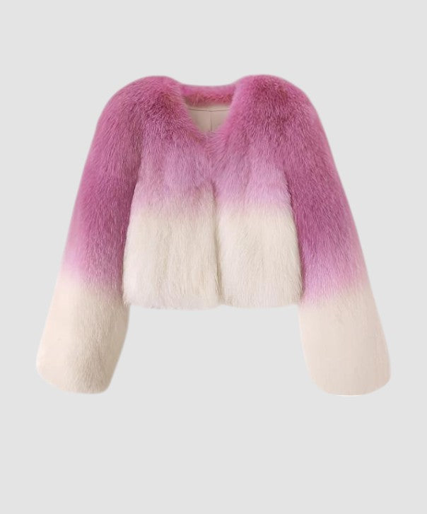 Women's Short Pink & White Gradient Fox Fur Jacket