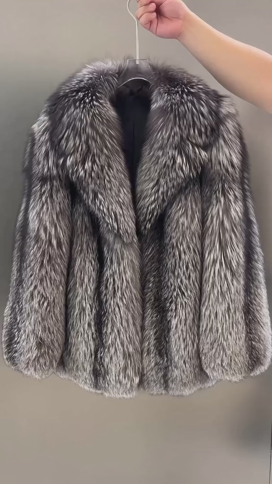 Silver Fox Fur Shawl Collared Coat