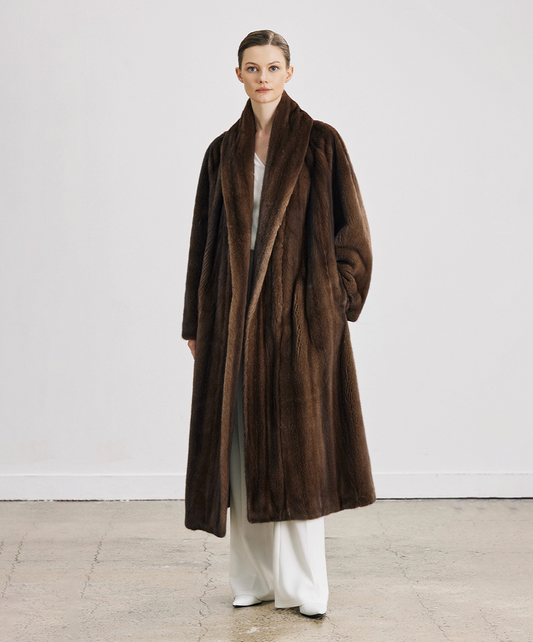 Mahogany Brown Full-Length Mink Fur Robe Coat