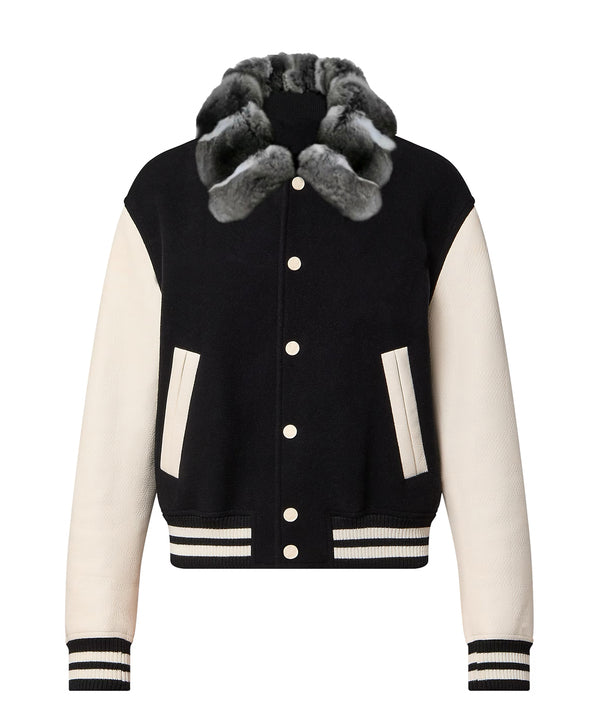 Caviar Leather Varsity Jacket with Chinchilla Collar