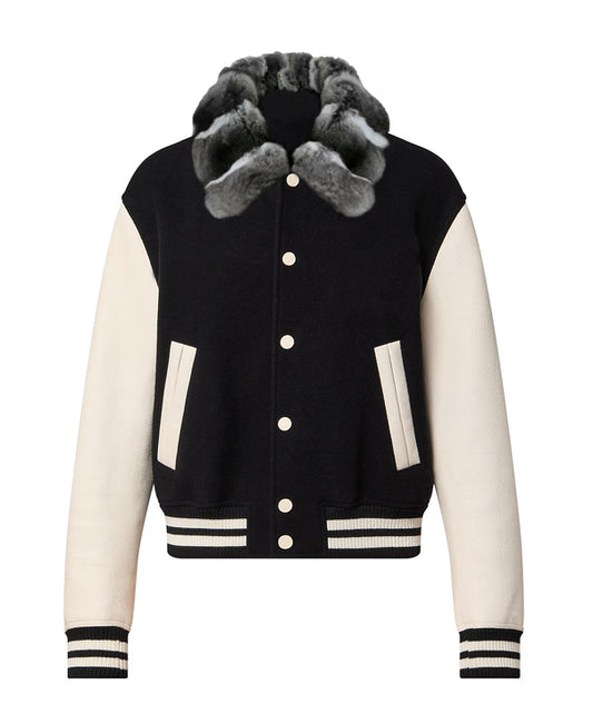 Caviar Leather Varsity Jacket with Chinchilla Collar
