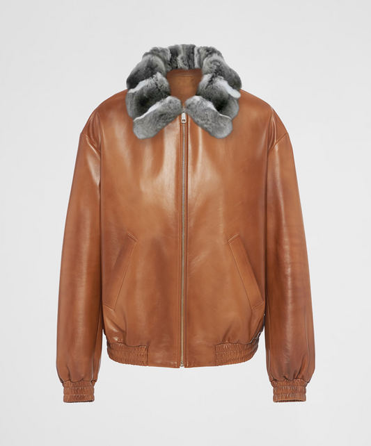 Whiskey Leather Jacket with Chinchilla Fur Collar