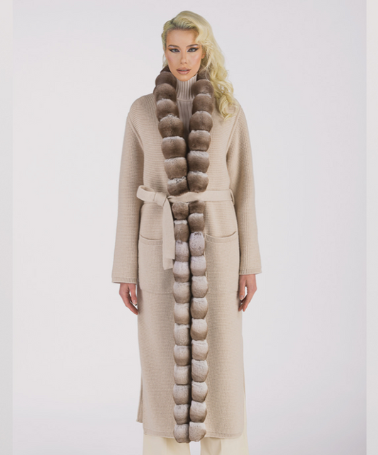 Beige Chinchilla Fur and Cashmere Coat