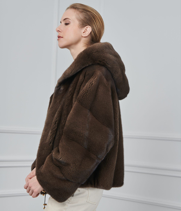 Women’s Chocolate Brown Hooded Mink Fur Jacket