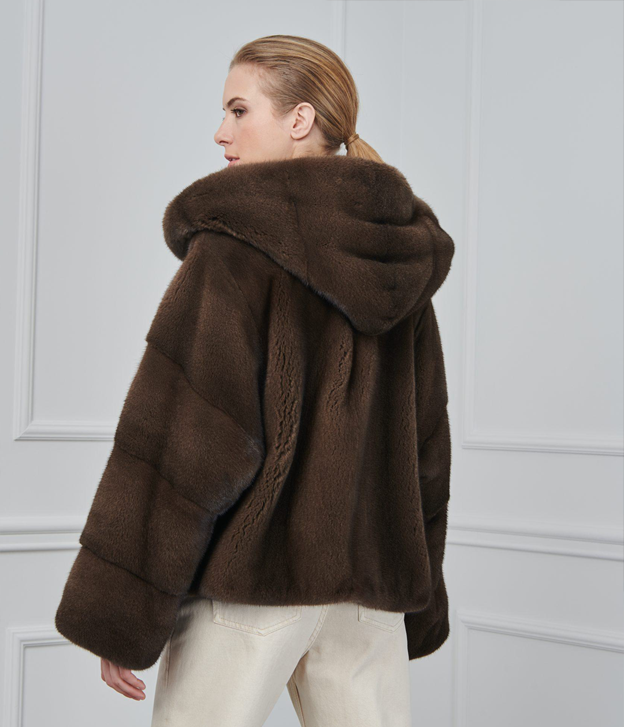 Women’s Chocolate Brown Hooded Mink Fur Jacket