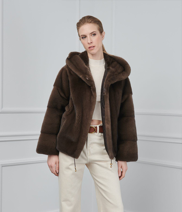 Women’s Chocolate Brown Hooded Mink Fur Jacket