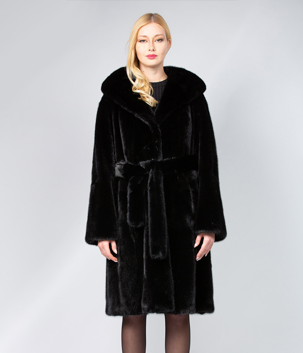 Women’s Hooded Robed Black Mink Coat