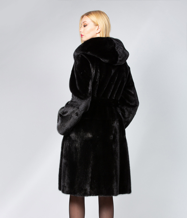 Women’s Hooded Robed Black Mink Coat