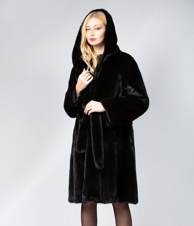 Women’s Hooded Robed Black Mink Coat