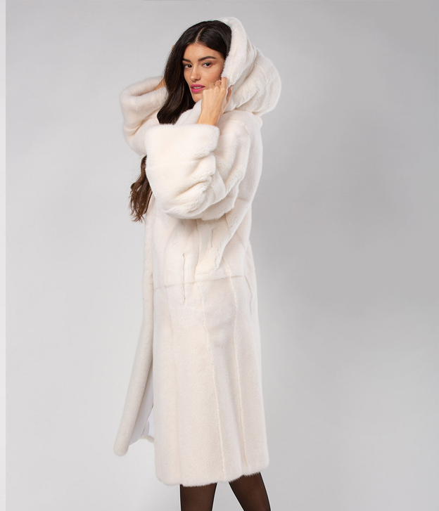 Women’s Snow White Hooded Mink Long Coat