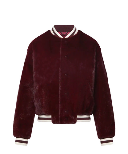 Men's Burgundy Mink Fur Varsity Jacket