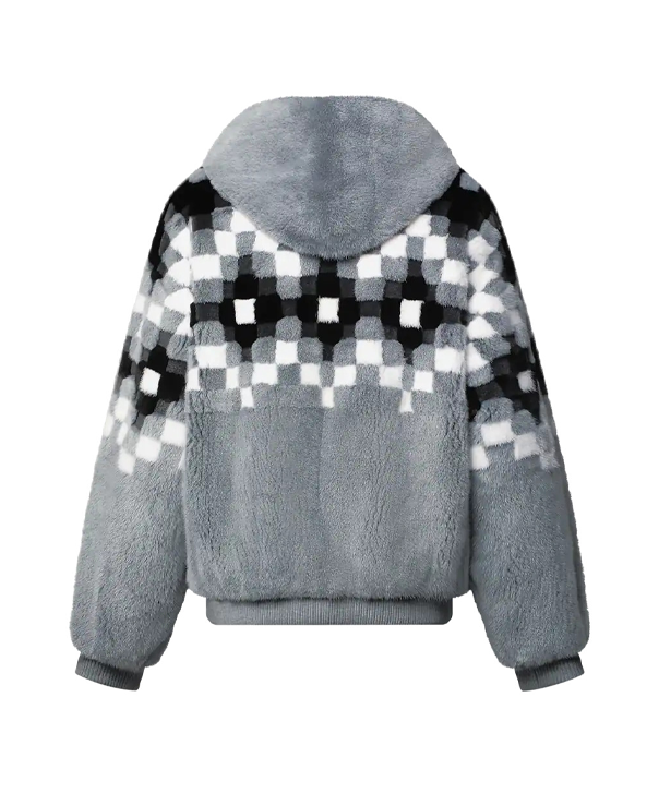 Men's Grey Patterned Hooded Mink Fur Zipper Jacket