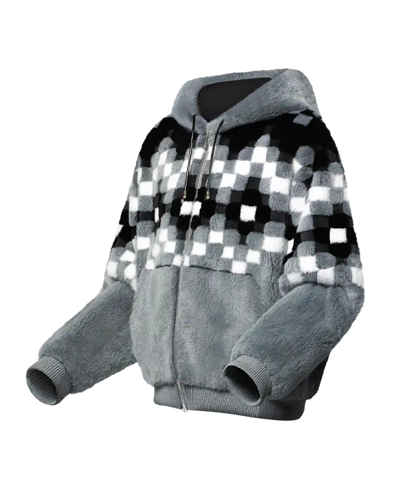 Men's Grey Patterned Hooded Mink Fur Zipper Jacket
