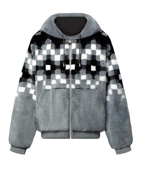 Men's Grey Patterned Hooded Mink Fur Zipper Jacket