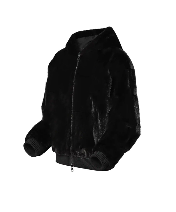 Men's Black Hooded Mink Fur Jacket