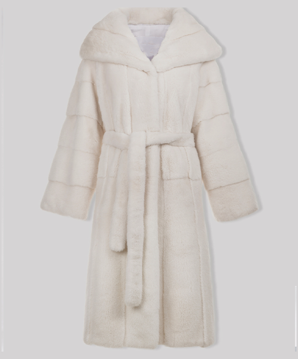 Snow White Hooded Mink Fur Long Coat