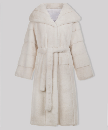 Snow White Hooded Mink Fur Long Coat