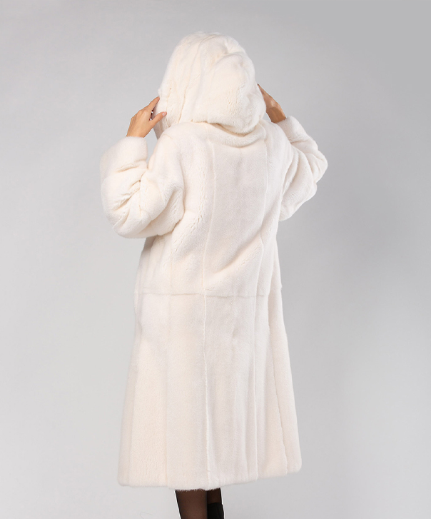 Snow White Hooded Mink Fur Long Coat