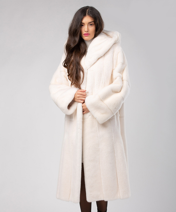 Women’s Snow White Hooded Mink Long Coat