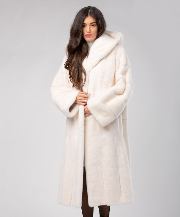 Snow White Hooded Mink Fur Long Coat