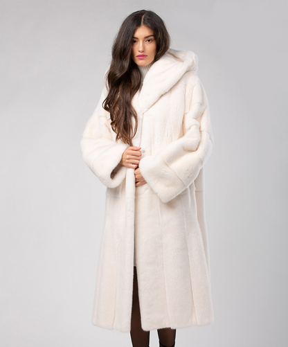 Snow White Hooded Mink Fur Long Coat