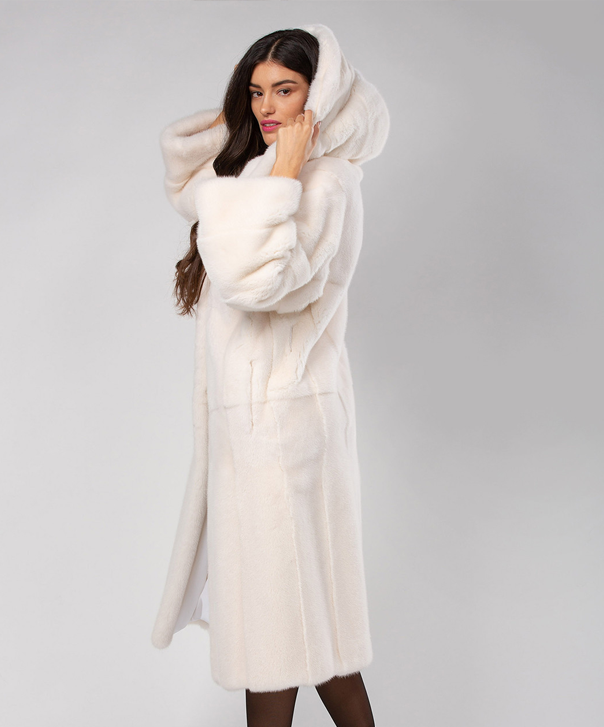 Snow White Hooded Mink Fur Long Coat