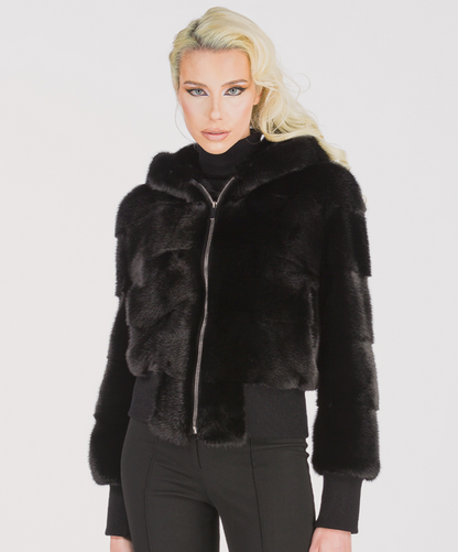 Short Hooded Black Mink Fur Jacket