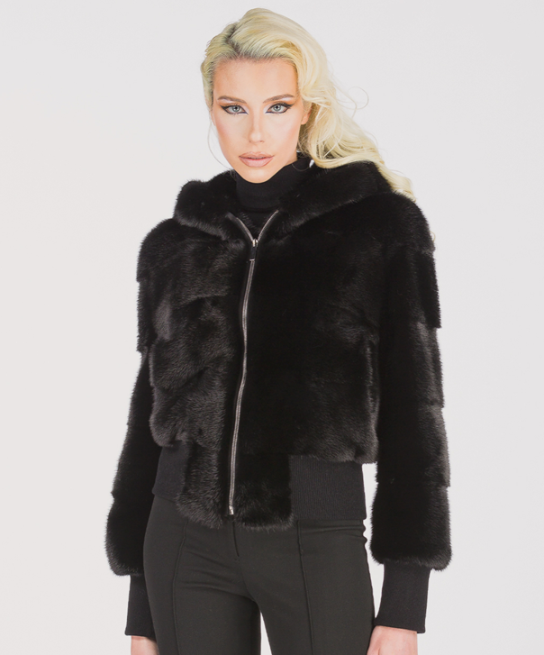 Women’s Short Hooded Black Mink Fur Jacket