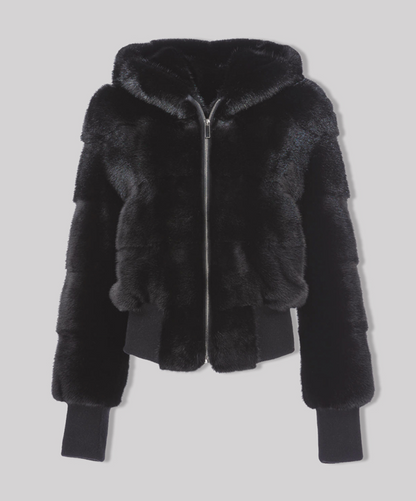 Short Hooded Black Mink Fur Jacket