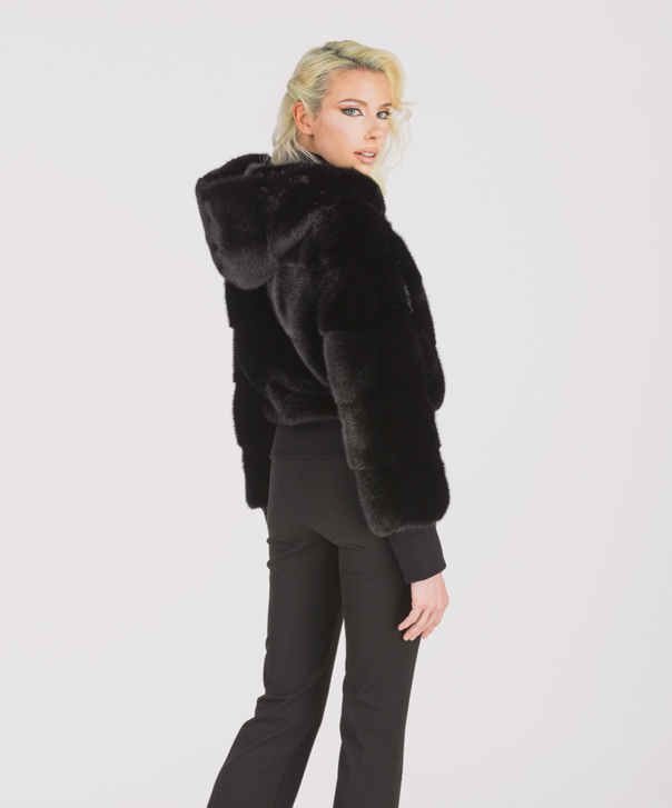 Short Hooded Black Mink Fur Jacket