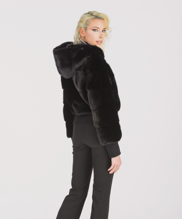 Women’s Short Hooded Black Mink Fur Jacket