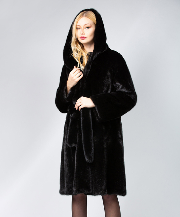 Women’s Hooded Robed Black Mink Coat