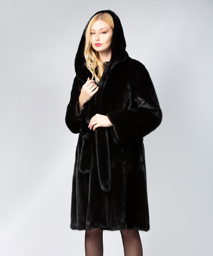 Hooded Robed Black Mink Fur Coat